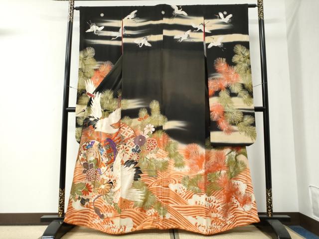 平和屋本店●アンティーク　大正ロマン　振袖　刺繍　浜松鼓飛鶴花文　暈し染め　黒地　金彩　正絹　逸品　CABG0158yc
