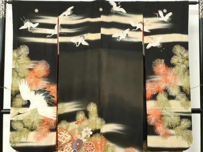 平和屋本店●アンティーク　大正ロマン　振袖　刺繍　浜松鼓飛鶴花文　暈し染め　黒地　金彩　正絹　逸品　CABG0158yc