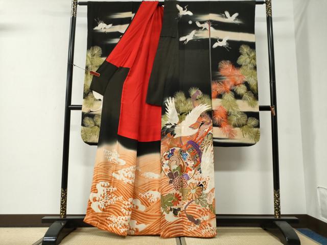 平和屋本店●アンティーク　大正ロマン　振袖　刺繍　浜松鼓飛鶴花文　暈し染め　黒地　金彩　正絹　逸品　CABG0158yc