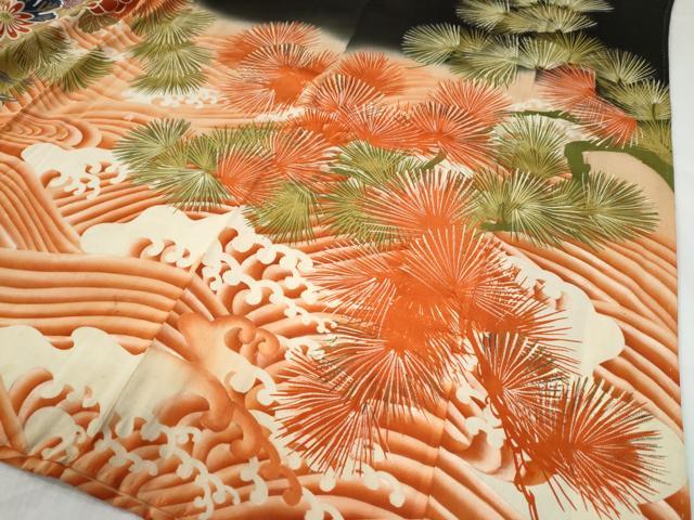 平和屋本店●アンティーク　大正ロマン　振袖　刺繍　浜松鼓飛鶴花文　暈し染め　黒地　金彩　正絹　逸品　CABG0158yc
