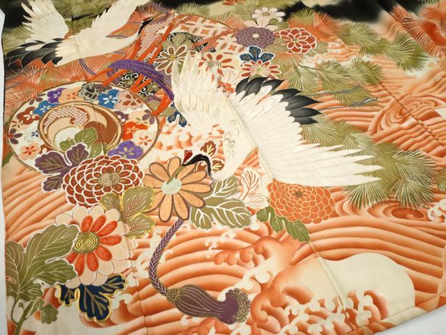 平和屋本店●アンティーク　大正ロマン　振袖　刺繍　浜松鼓飛鶴花文　暈し染め　黒地　金彩　正絹　逸品　CABG0158yc
