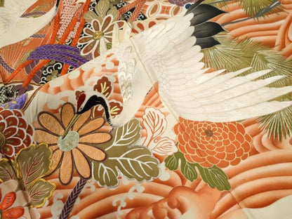 平和屋本店●アンティーク　大正ロマン　振袖　刺繍　浜松鼓飛鶴花文　暈し染め　黒地　金彩　正絹　逸品　CABG0158yc