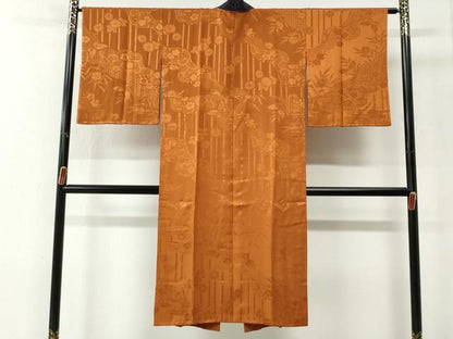 平和屋着物●長襦袢　無双仕立て　竹並び花蝶地紋　赤朽葉色　やまと誂製　半衿刺繍　正絹　逸品　CABG0161yc