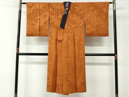 平和屋着物●長襦袢　無双仕立て　竹並び花蝶地紋　赤朽葉色　やまと誂製　半衿刺繍　正絹　逸品　CABG0161yc