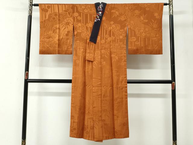 平和屋着物●長襦袢　無双仕立て　竹並び花蝶地紋　赤朽葉色　やまと誂製　半衿刺繍　正絹　逸品　CABG0161yc