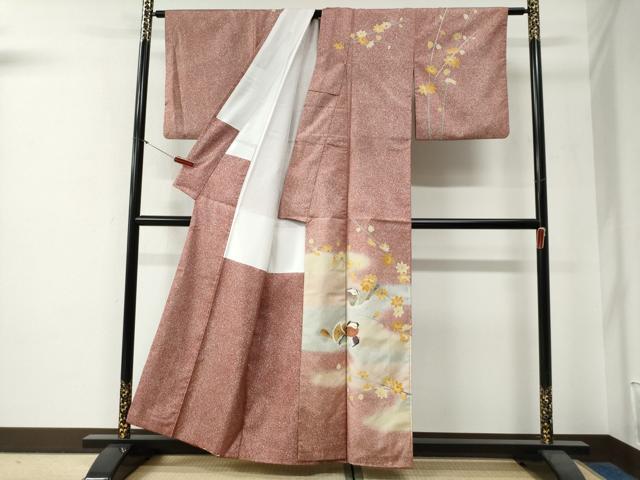 平和屋着物●訪問着　本場染大島紬　作家物　鴛鴦枝花文　金銀彩　正絹　逸品　CABG0169yc