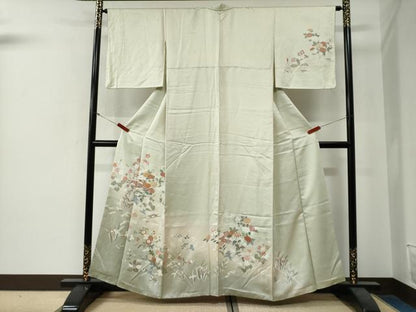 平和屋着物●訪問着　駒刺繍　扇草花文　暈し染め　金彩　正絹　逸品　CABG0176yc