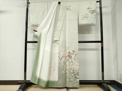 平和屋着物●訪問着　駒刺繍　扇草花文　暈し染め　金彩　正絹　逸品　CABG0176yc