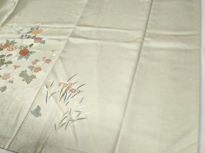 平和屋着物●訪問着　駒刺繍　扇草花文　暈し染め　金彩　正絹　逸品　CABG0176yc