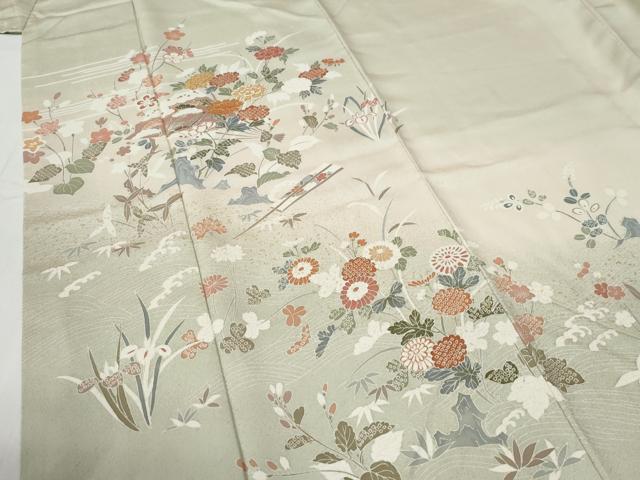平和屋着物●訪問着　駒刺繍　扇草花文　暈し染め　金彩　正絹　逸品　CABG0176yc