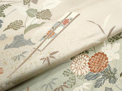 平和屋着物●訪問着　駒刺繍　扇草花文　暈し染め　金彩　正絹　逸品　CABG0176yc