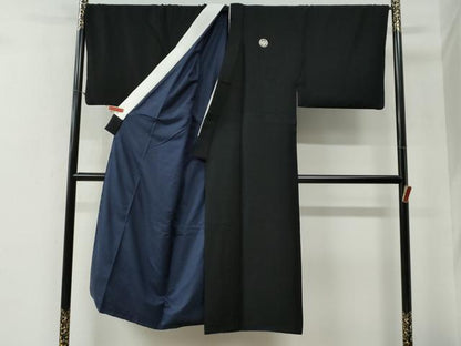 平和屋着物●男性　黒紋付　羽織セット　羽裏：扇・陶器花文　キングサイズ　正絹　逸品　CABG0181yc