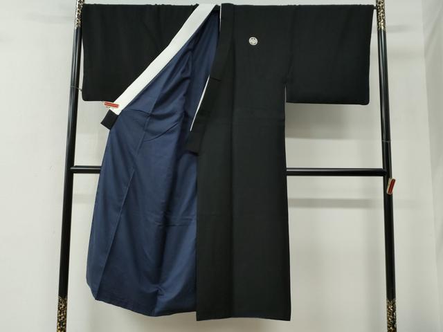 平和屋着物●男性　黒紋付　羽織セット　羽裏：扇・陶器花文　キングサイズ　正絹　逸品　CABG0181yc