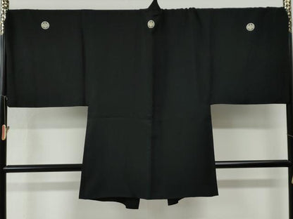 平和屋着物●男性　黒紋付　羽織セット　羽裏：扇・陶器花文　キングサイズ　正絹　逸品　CABG0181yc