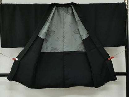 平和屋着物●男性　黒紋付　羽織セット　羽裏：扇・陶器花文　キングサイズ　正絹　逸品　CABG0181yc