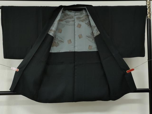 平和屋着物●男性　黒紋付　羽織セット　羽裏：破れ色紙風景文　正絹　逸品　CABG0182yc