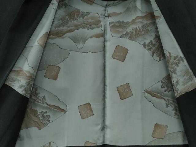 平和屋着物●男性　黒紋付　羽織セット　羽裏：破れ色紙風景文　正絹　逸品　CABG0182yc
