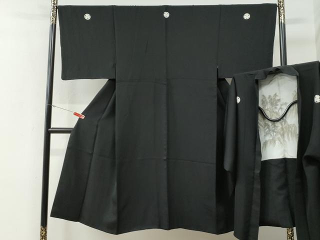 平和屋着物●男性　黒紋付　羽織セット　羽裏：遠山樹林文　正絹　逸品　CABG0183yc