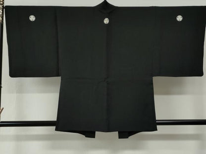 平和屋着物●男性　黒紋付　羽織セット　羽裏：遠山樹林文　正絹　逸品　CABG0183yc