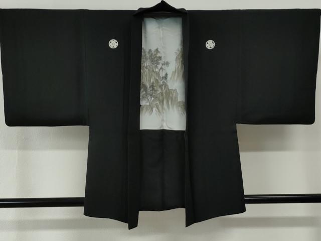 平和屋着物●男性　黒紋付　羽織セット　羽裏：遠山樹林文　正絹　逸品　CABG0183yc