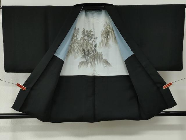 平和屋着物●男性　黒紋付　羽織セット　羽裏：遠山樹林文　正絹　逸品　CABG0183yc