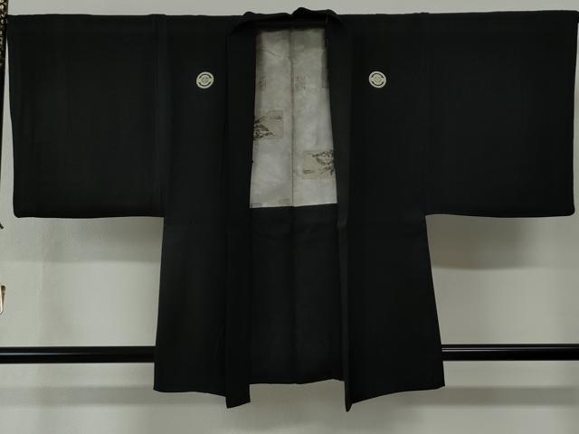 平和屋着物●男性　黒紋付　羽織セット　羽裏：破れ色紙風景文　正絹　逸品　CABG0184yc