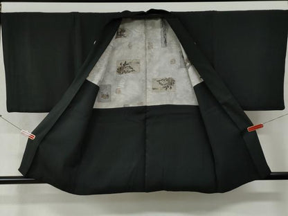 平和屋着物●男性　黒紋付　羽織セット　羽裏：破れ色紙風景文　正絹　逸品　CABG0184yc
