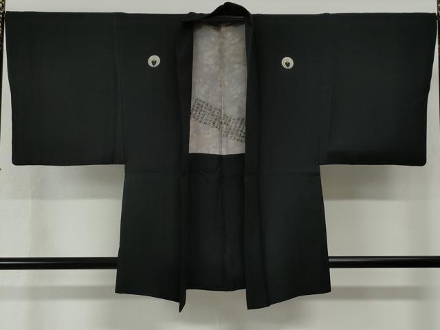 平和屋着物●男性　黒紋付　羽織セット　羽裏：破れ色紙人物文　正絹　逸品　CABG0185yc