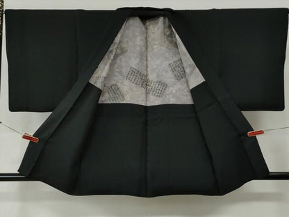 平和屋着物●男性　黒紋付　羽織セット　羽裏：破れ色紙人物文　正絹　逸品　CABG0185yc