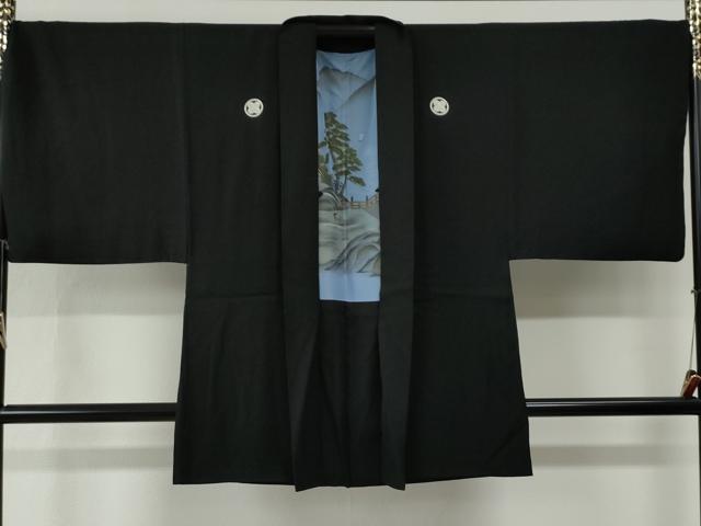 平和屋着物●男性　黒紋付　羽織セット　羽裏：人物渡り橋風景文　キングサイズ　正絹　逸品　CABG0186yc