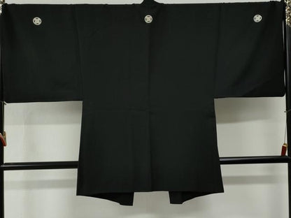 平和屋着物●男性　黒紋付　羽織セット　羽裏：虎・龍　キングサイズ　正絹　逸品　CABG0187yc