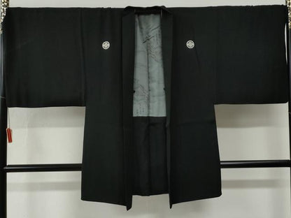 平和屋着物●男性　黒紋付　羽織セット　羽裏：遠山風景文　キングサイズ　正絹　逸品　CABG0188yc