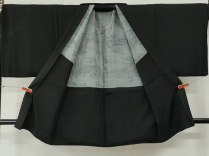 平和屋着物●男性　黒紋付　羽織セット　羽裏：遠山風景文　キングサイズ　正絹　逸品　CABG0188yc