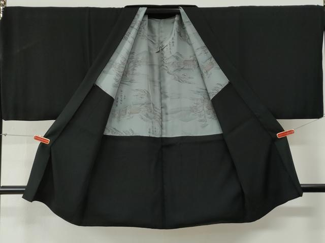 平和屋着物●男性　黒紋付　羽織セット　羽裏：遠山風景文　キングサイズ　正絹　逸品　CABG0188yc