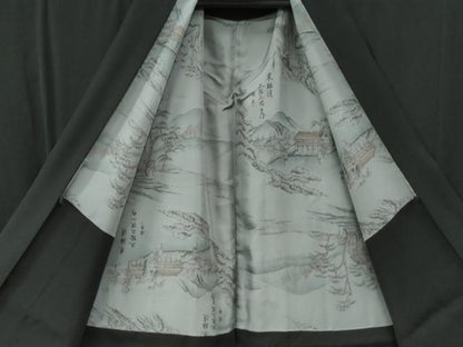 平和屋着物●男性　黒紋付　羽織セット　羽裏：遠山風景文　キングサイズ　正絹　逸品　CABG0188yc