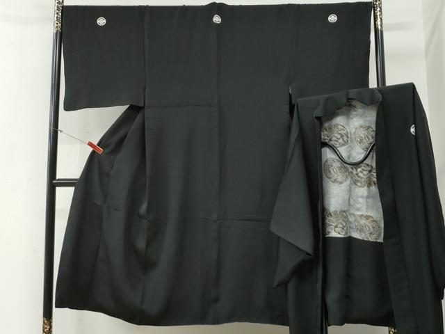 平和屋着物●男性　黒紋付　羽織セット　羽裏：立波鳳凰　正絹　逸品　CABG0189yc
