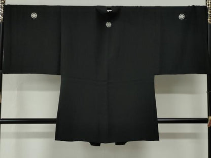 平和屋着物●男性　黒紋付　羽織セット　羽裏：立波鳳凰　正絹　逸品　CABG0189yc