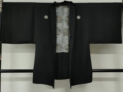 平和屋着物●男性　黒紋付　羽織セット　羽裏：立波鳳凰　正絹　逸品　CABG0189yc