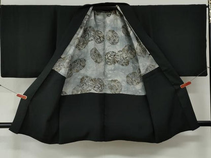 平和屋着物●男性　黒紋付　羽織セット　羽裏：立波鳳凰　正絹　逸品　CABG0189yc