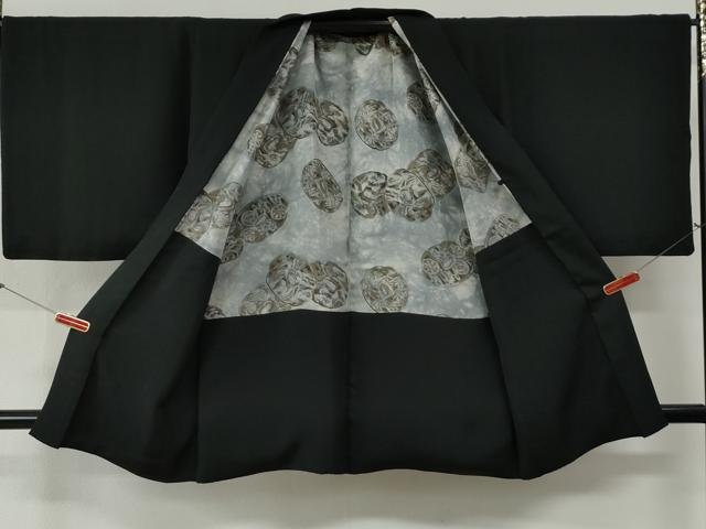 平和屋着物●男性　黒紋付　羽織セット　羽裏：立波鳳凰　正絹　逸品　CABG0189yc