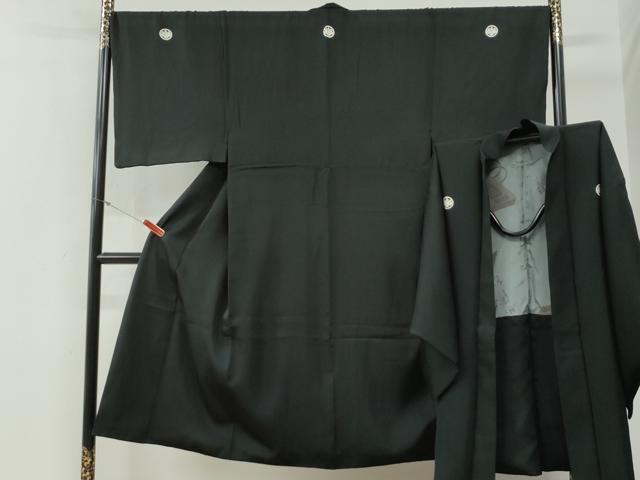 平和屋着物●男性　黒紋付　羽織セット　羽裏：扇・硯　正絹　逸品　CABG0190yc
