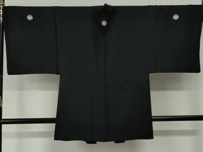 平和屋着物●男性　黒紋付　羽織セット　羽裏：扇・硯　正絹　逸品　CABG0190yc