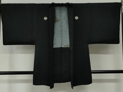 平和屋着物●男性　黒紋付　羽織セット　羽裏：扇・硯　正絹　逸品　CABG0190yc