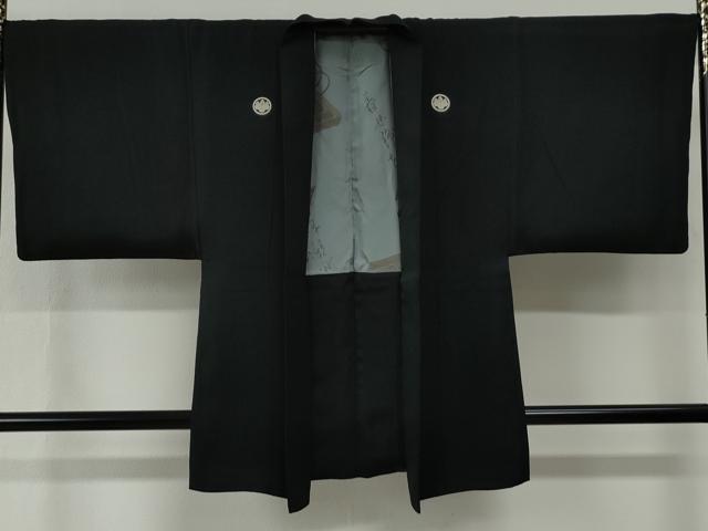 平和屋着物●男性　黒紋付　羽織セット　羽裏：扇・硯　正絹　逸品　CABG0190yc