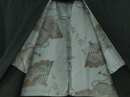 平和屋着物●男性　黒紋付　羽織セット　羽裏：扇・硯　正絹　逸品　CABG0190yc