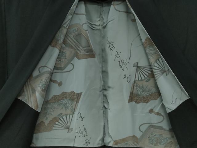 平和屋着物●男性　黒紋付　羽織セット　羽裏：扇・硯　正絹　逸品　CABG0190yc