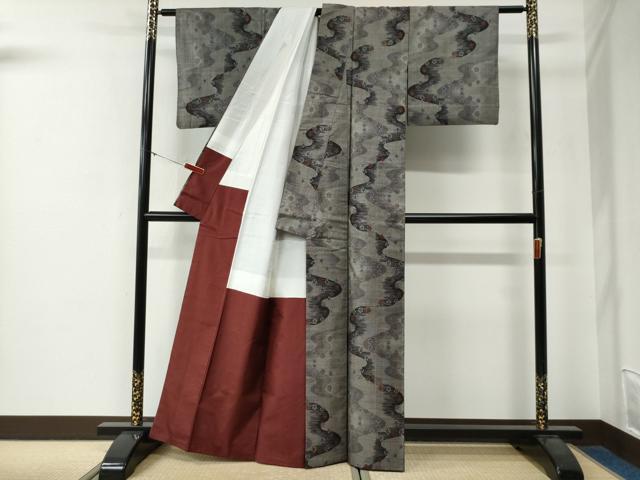 平和屋着物●本場大島紬　9マルキ　霞舞花文　正絹　逸品　CABG0195yc