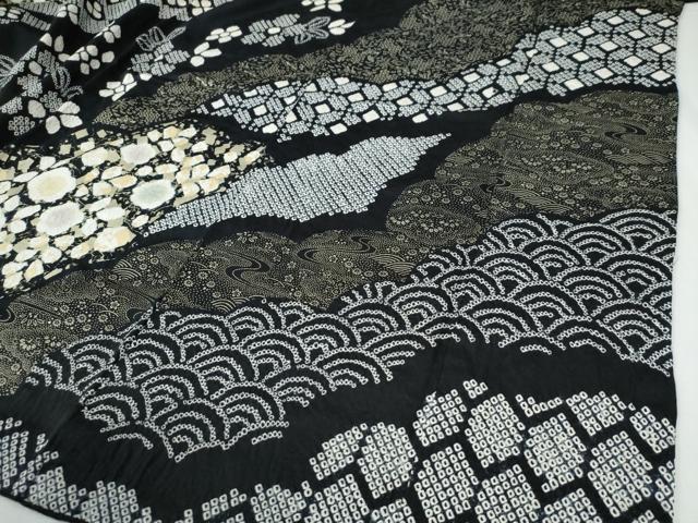 平和屋着物●訪問着　絞り　吉祥草花文　黒地　金彩　正絹　逸品　CABG0198yc