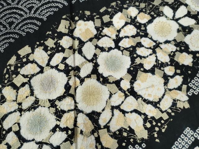 平和屋着物●訪問着　絞り　吉祥草花文　黒地　金彩　正絹　逸品　CABG0198yc