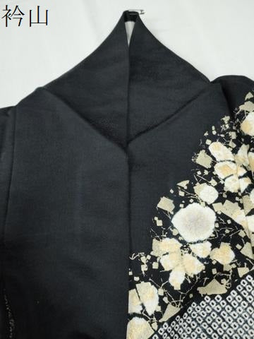 平和屋着物●訪問着　絞り　吉祥草花文　黒地　金彩　正絹　逸品　CABG0198yc